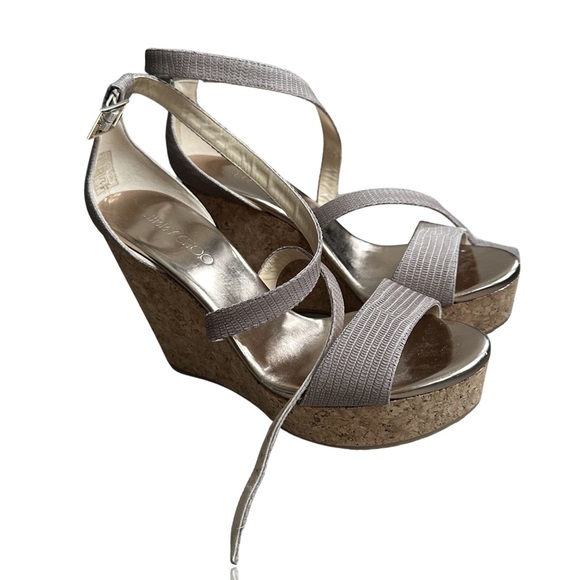 Jimmy Choo Shoes - Jimmy Choo Silver Metallic Strappy Cork Wedge Sandals